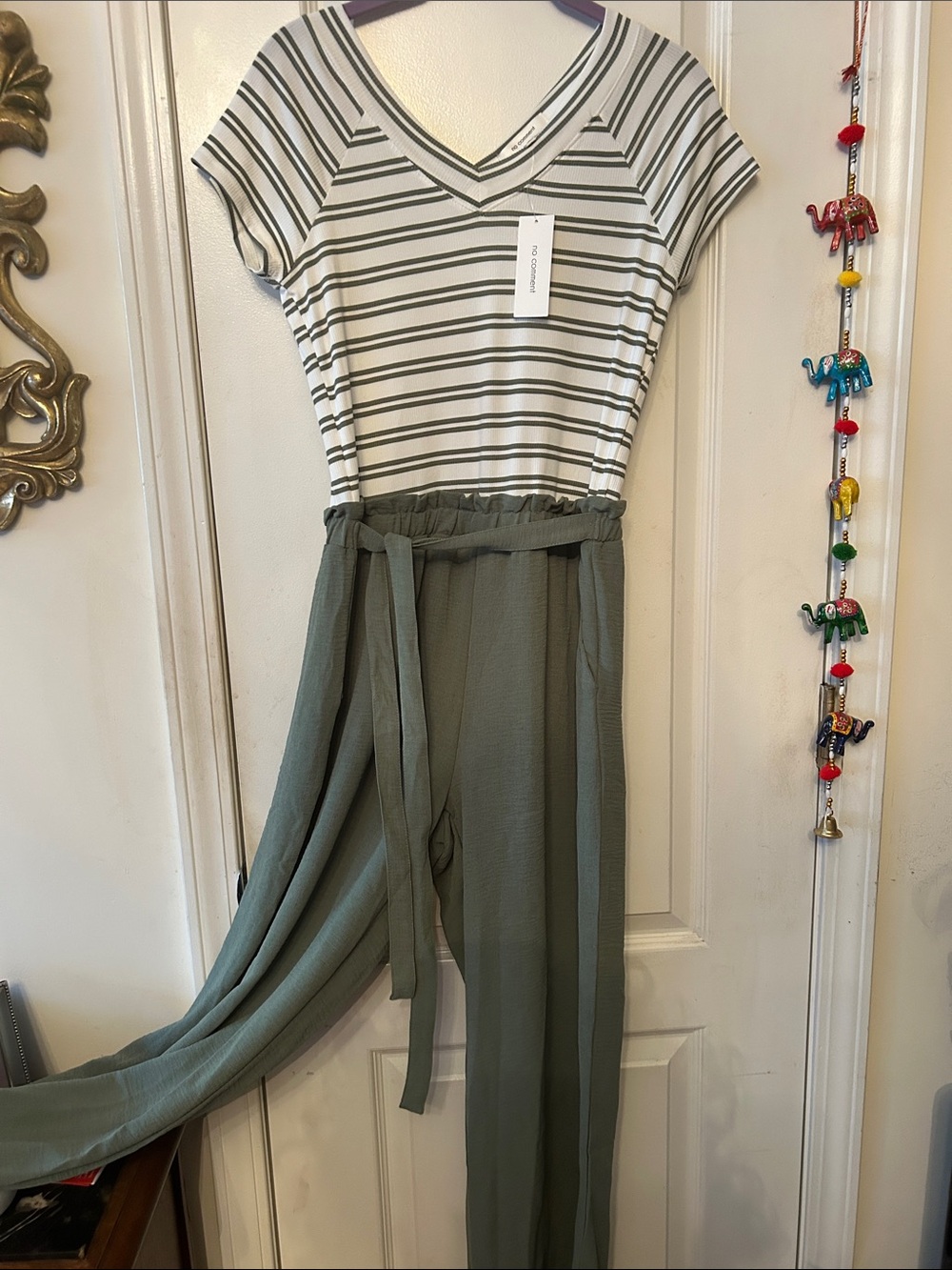 Striped V-Neck Top with Olive Wide-Leg Pants Jumpsuit